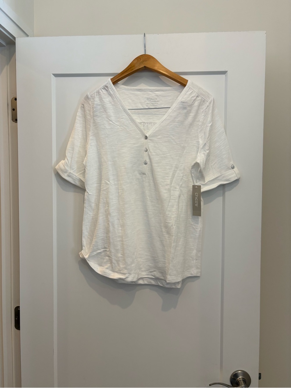 Chico's White V-Neck Henley Roll-Sleeve Top